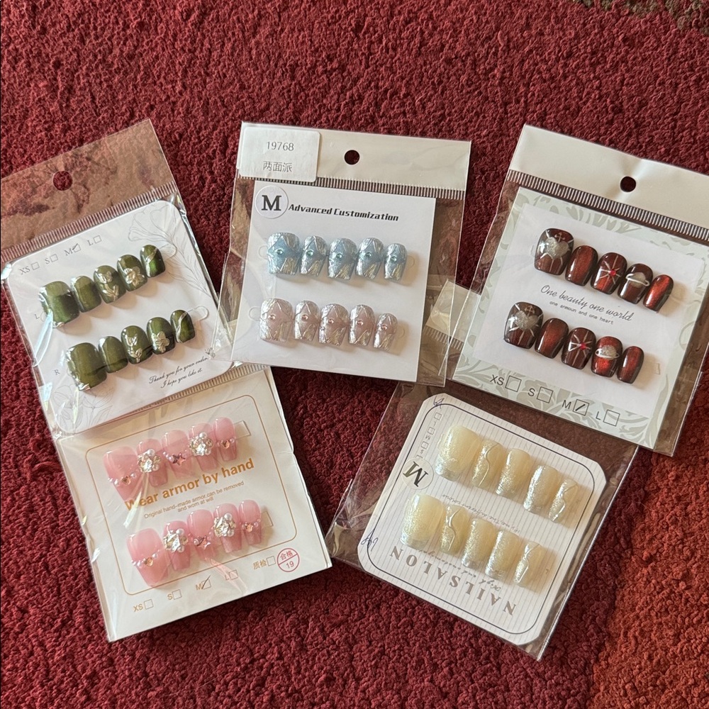 Bundle of 5 Press-On Nail Sets; Various Colors & Designs; Like New